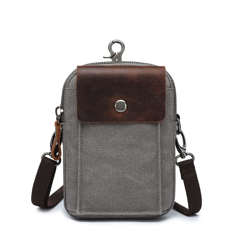 Grey canvas small crossbody bag with leather flap