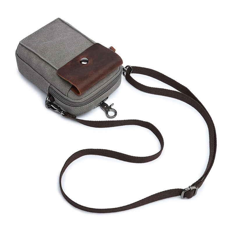 Grey canvas small crossbody bag with long adjustable strap