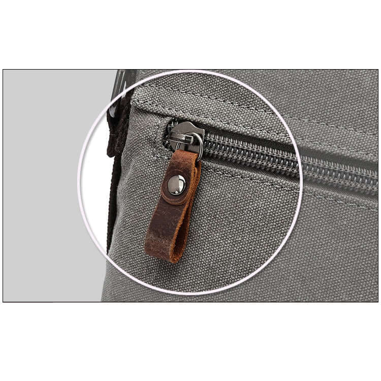 Close-up of leather flap on canvas small crossbody bag