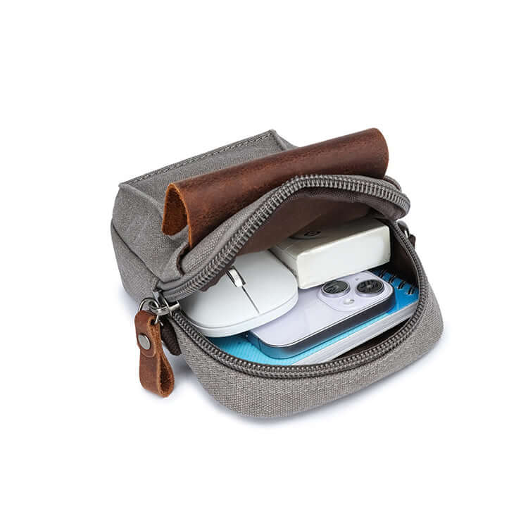 Grey canvas bum bag with leather flap and zipper