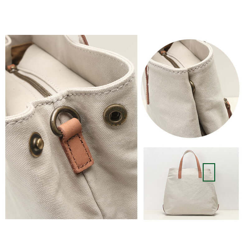 Genuine leather trim on canvas tote corners.