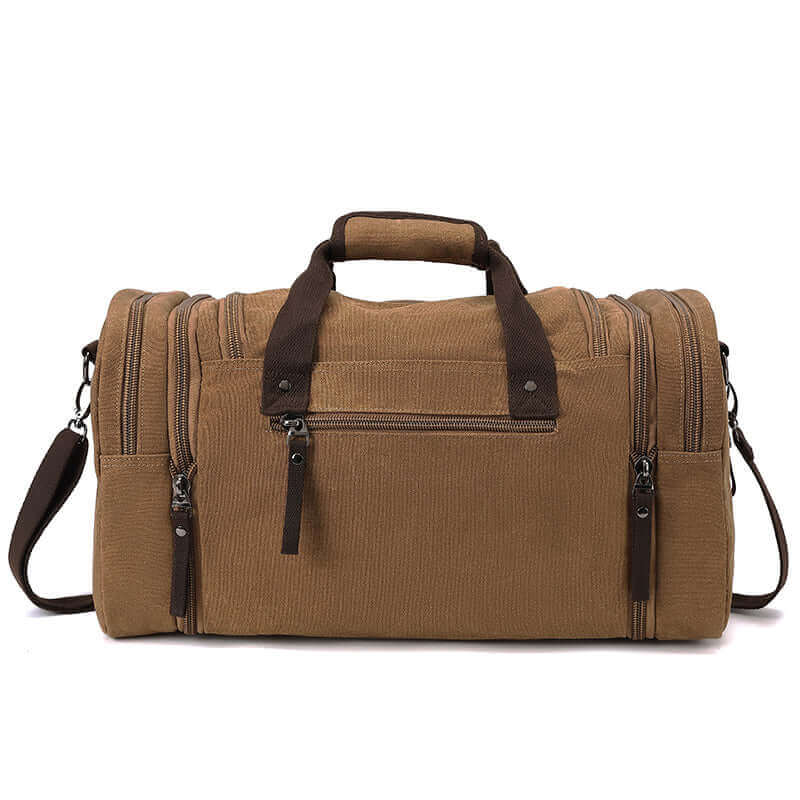 Back view of the canvas travel duffle bag.