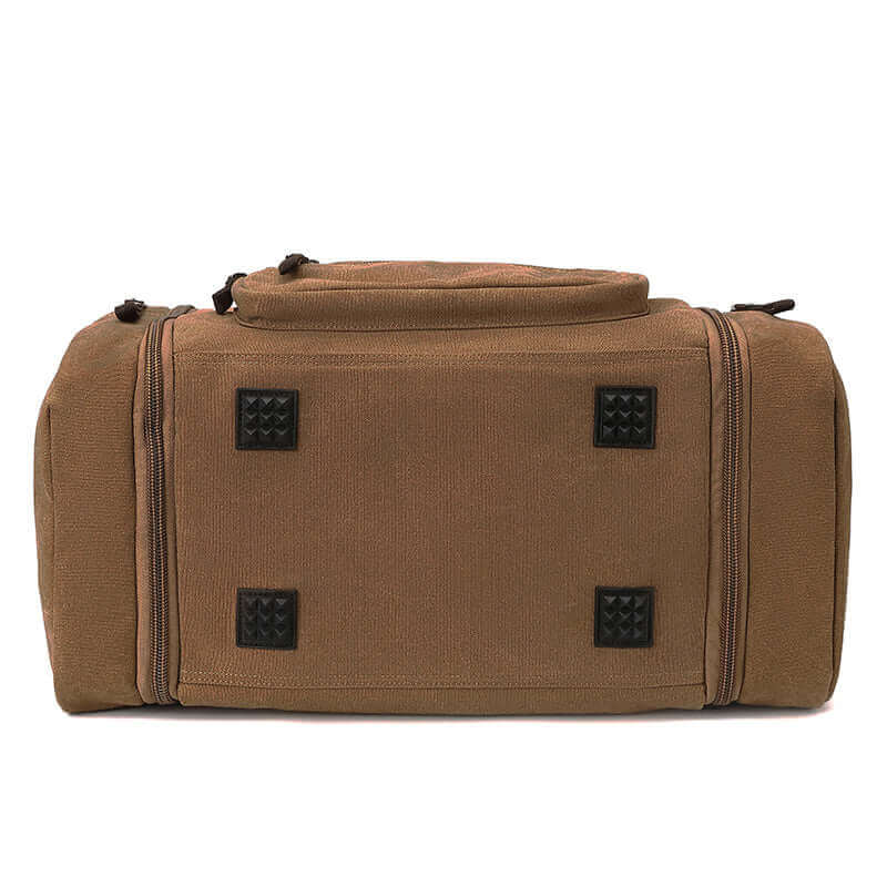 Bottom view of the canvas duffle bag.