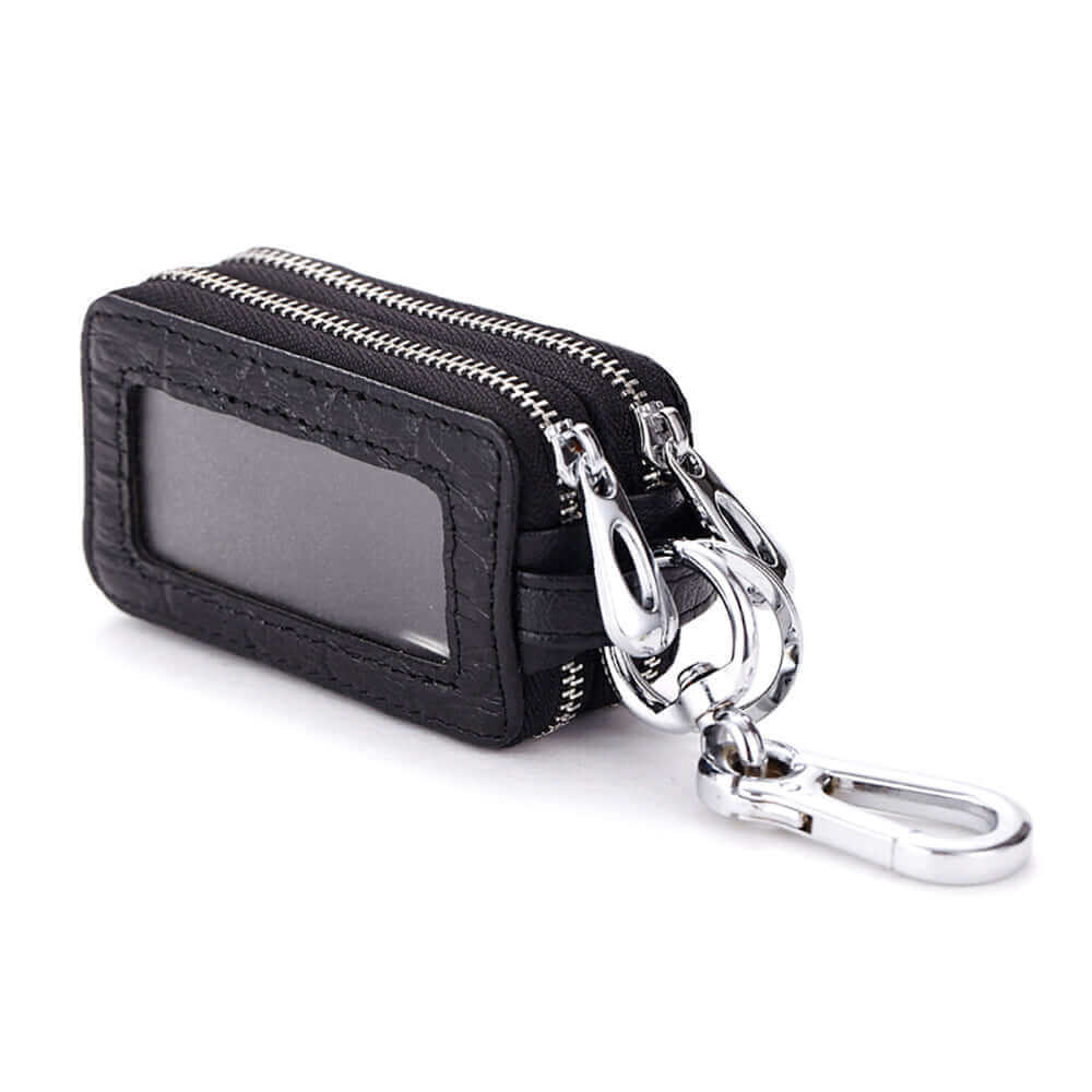 Leather car key case showing the transparent window feature.