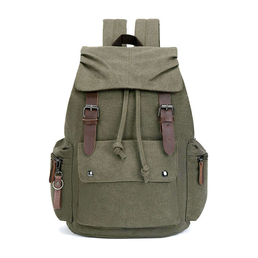 Casual canvas backpack featuring drawstring closure.