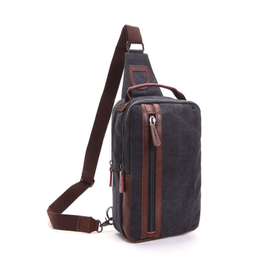 Chest sling bag for men with adjustable strap and secure zipper compartments.