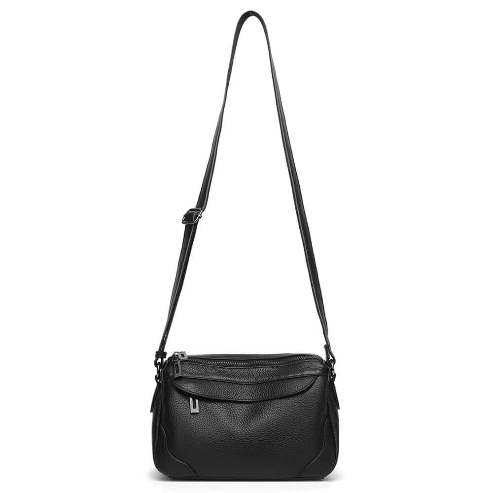 Classic black leather crossbody bag with clean styling