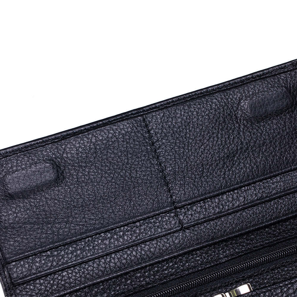Close-up of a black leather wallet with zipper