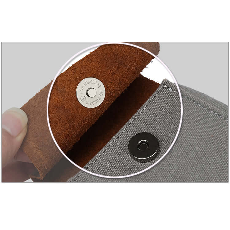 Close-up of a brown leather pouch with a metal buttonbackground