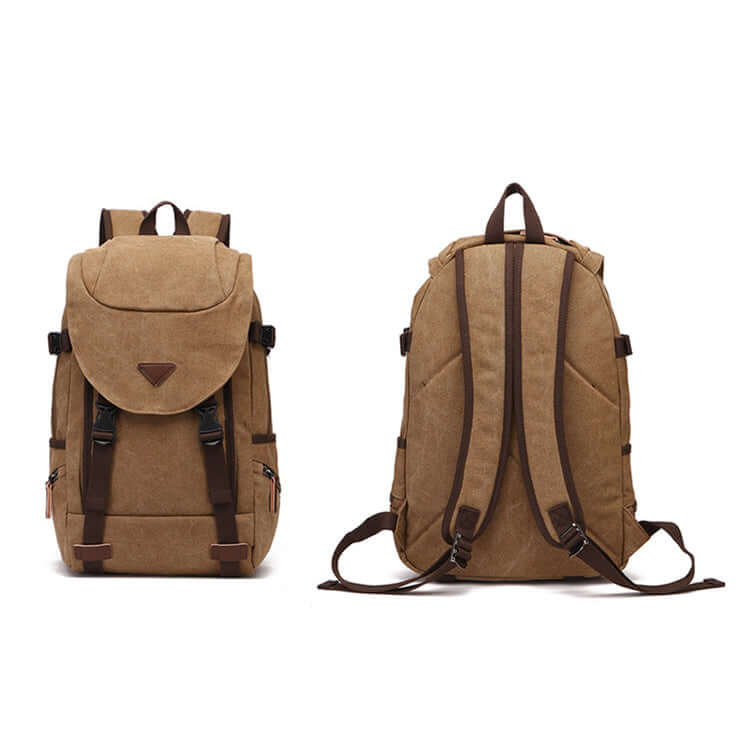 Coffee canvas backpack with PU leather details
