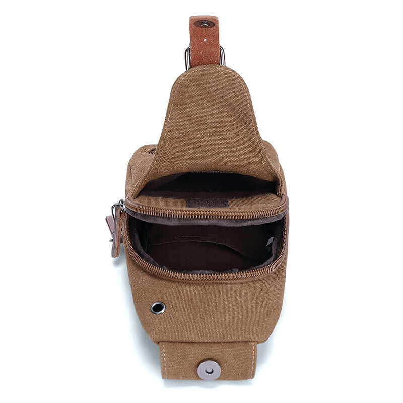 Internal structure of the coffee canvas crossbody bag.