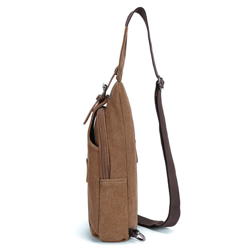 Side view of the canvas sling bag.