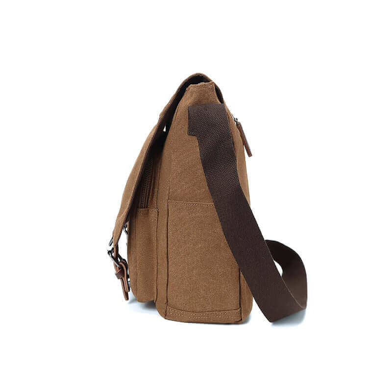 Side of the coffee canvas laptop shoulder bag.