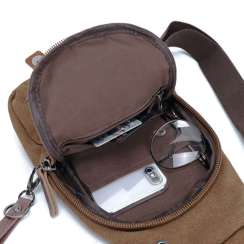 Internal structure of the coffee canvas crossbody sling bag.