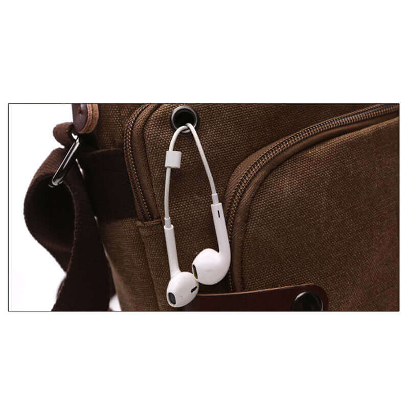 Details of the coffee canvas small crossbody bag.