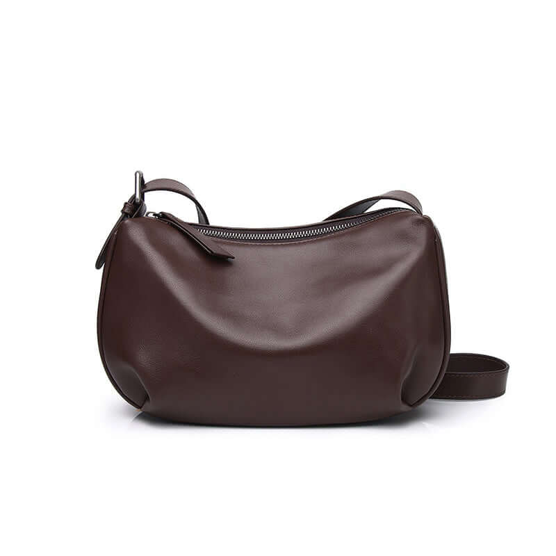 Front view of the coffee-colored leather crossbody bag.