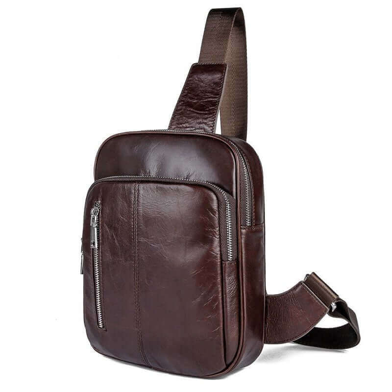 Adjustable strap on men's coffee leather sling bag for comfort