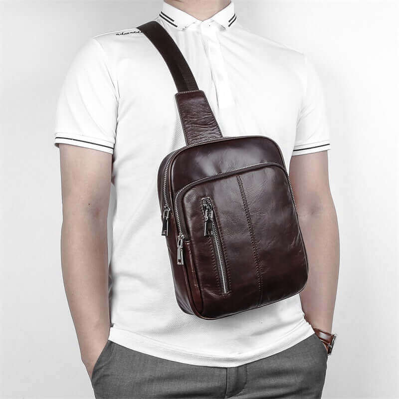  Men's coffee leather sling bag styled with casual outfit