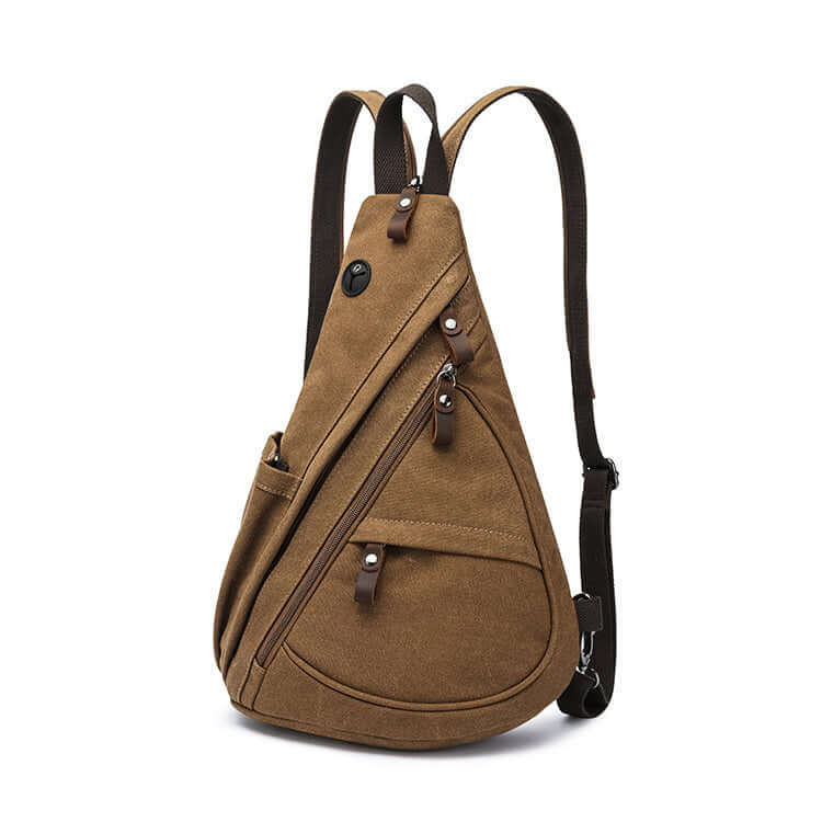 Coffee canvas sling bag with multiple front pockets and snap tabs
