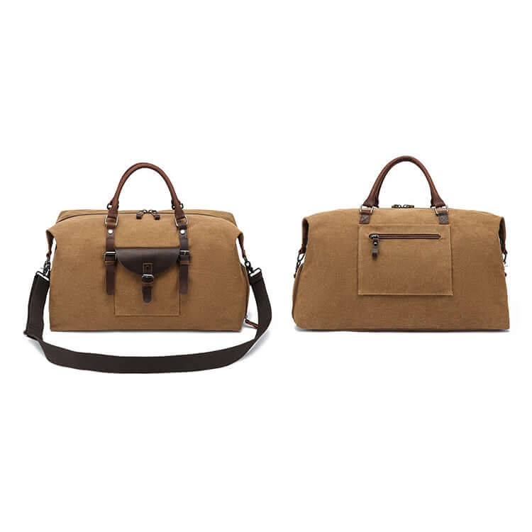 Coffee duffle bag with leather straps front and back