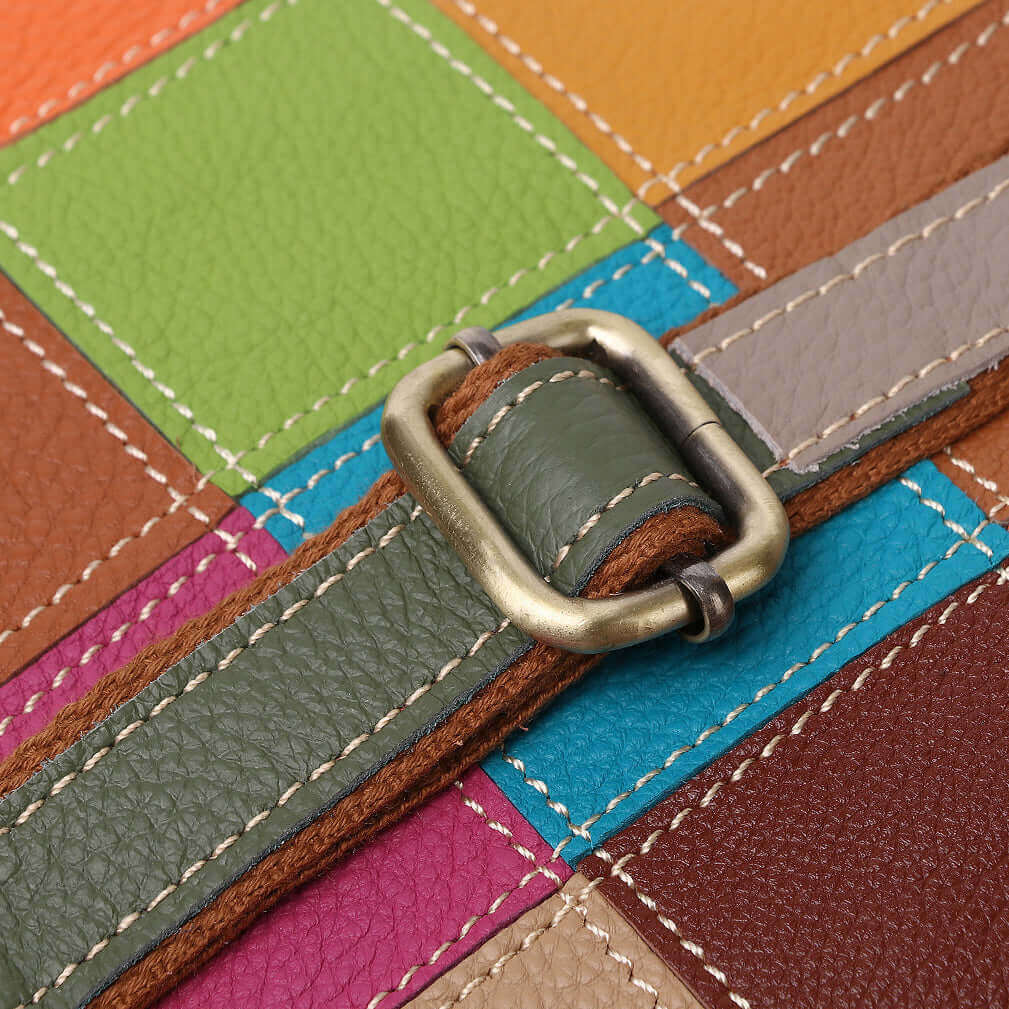 Close-up of the butterfly patchwork on the leather handbag