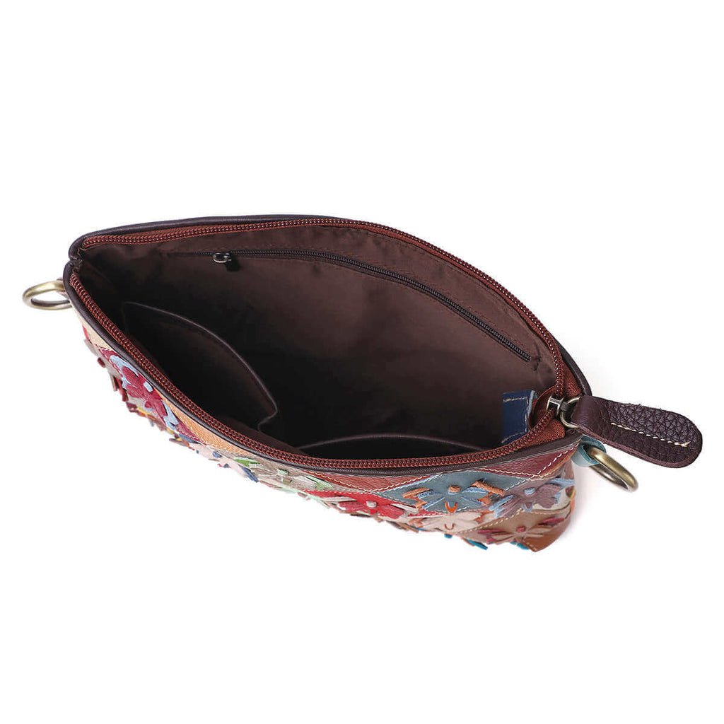 Interior view of the colorful butterfly patchwork leather crossbody bag