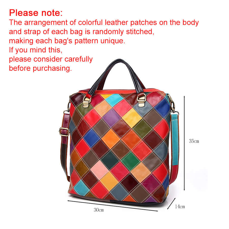 Front view of colorful leather patchwork backpack for women.