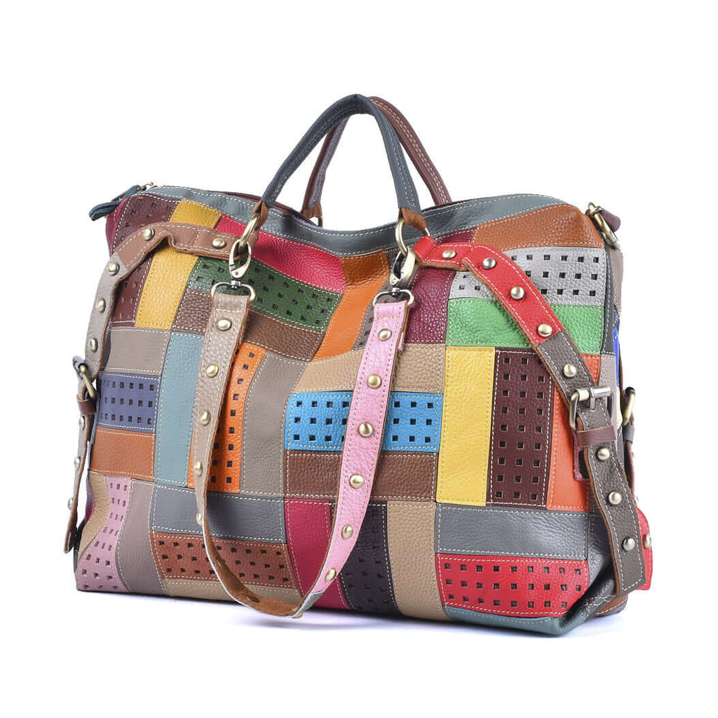 Lifestyle image of colorful leather patchwork handbag, ideal for everyday and special occasions.