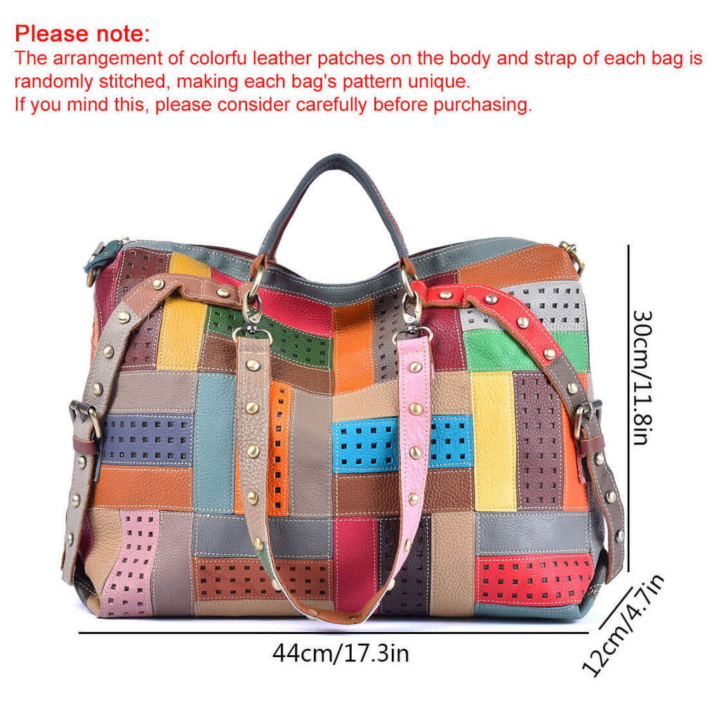 Colorful leather patchwork handbag, ideal for everyday and special occasions.