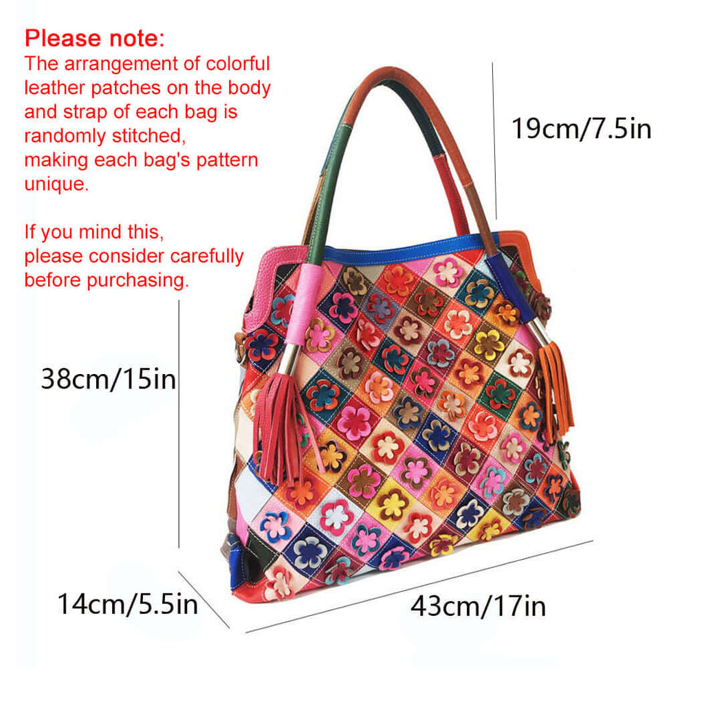 Lifestyle shot of colorful floral leather tote bag for daily use.