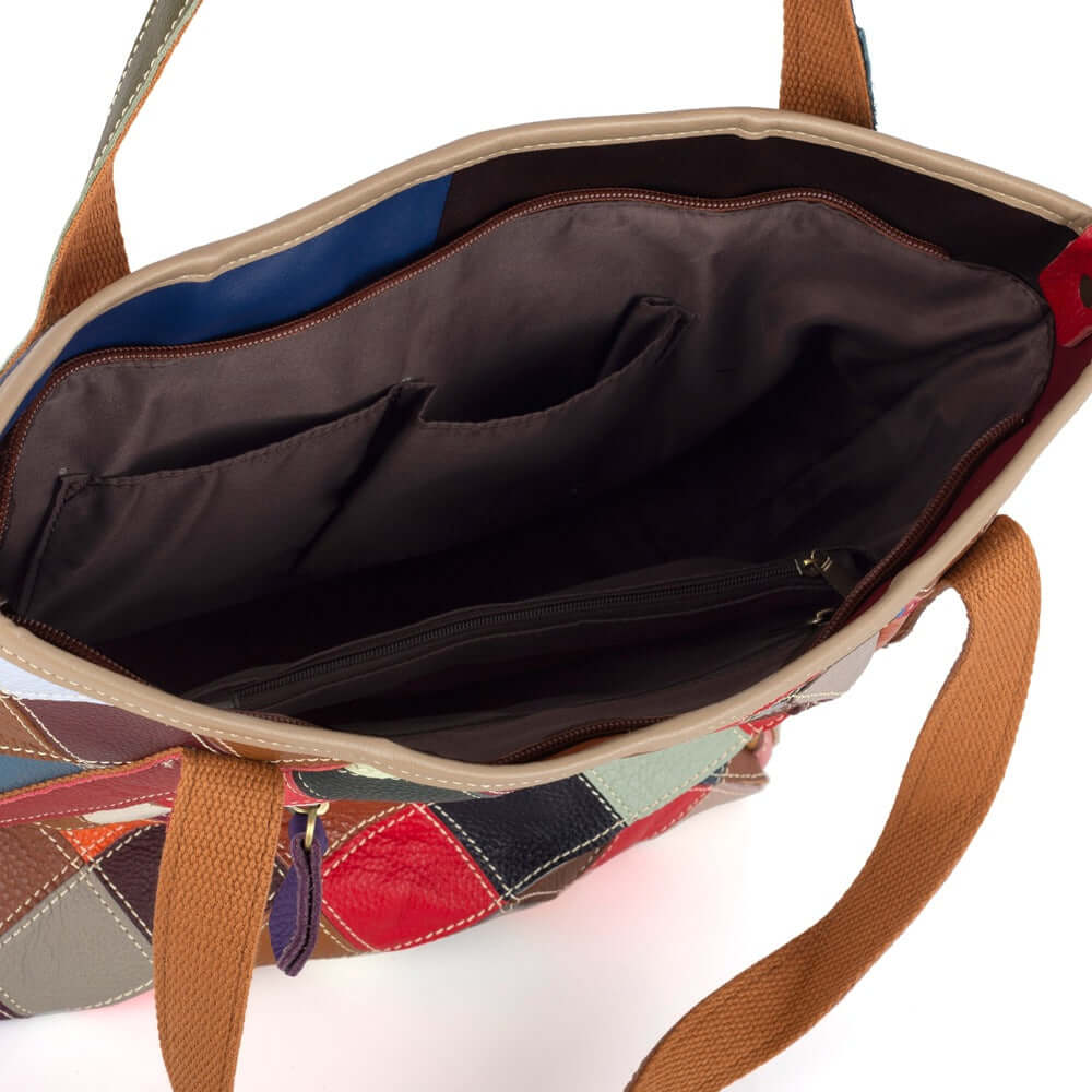 Interior view of the spacious colorful leather tote bag.