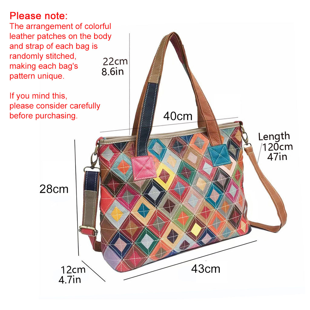 Adjustable straps of the colorful leather tote bag for versatile use