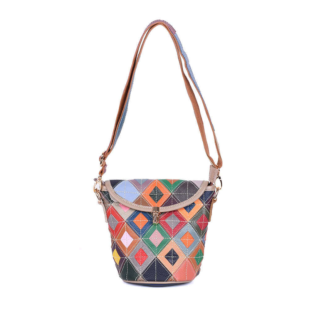 Woman wearing a multicolor leather crossbody bag as a shoulder bag