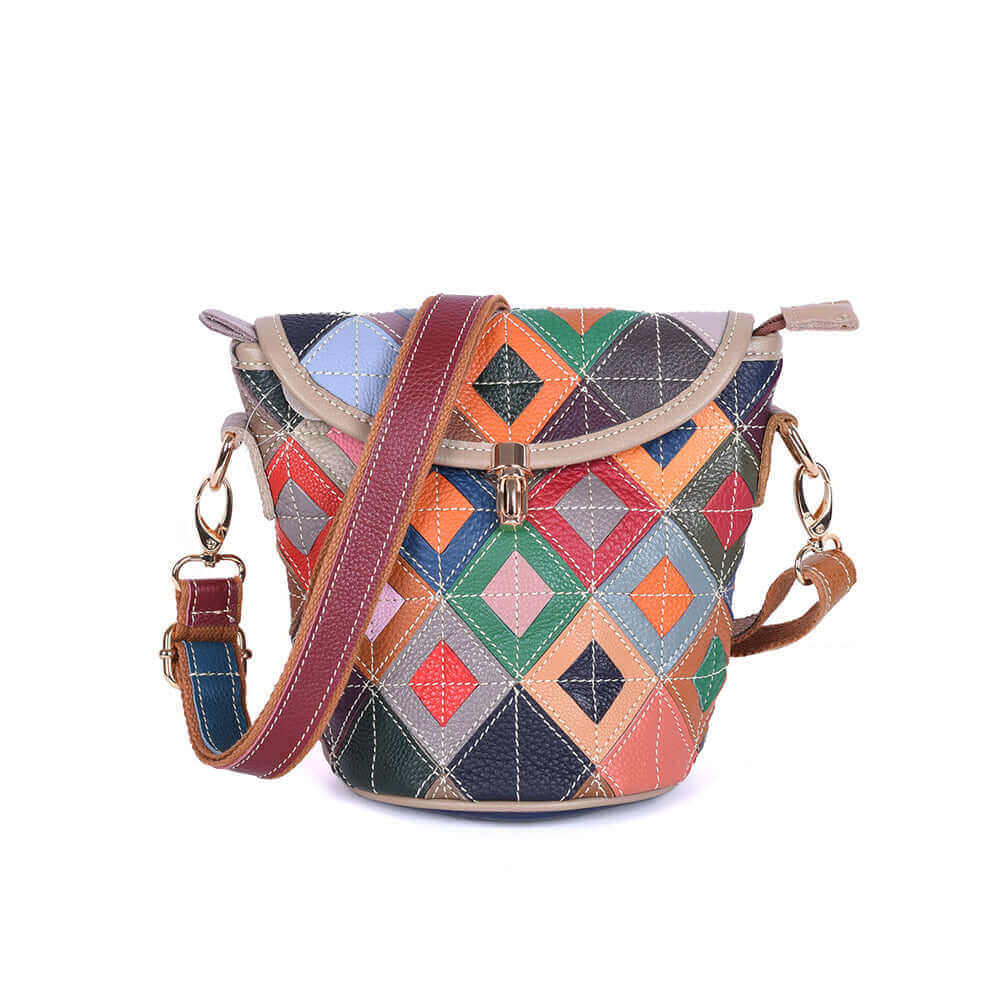 Front view of a colorful patchwork leather crossbody bag with clasp closure