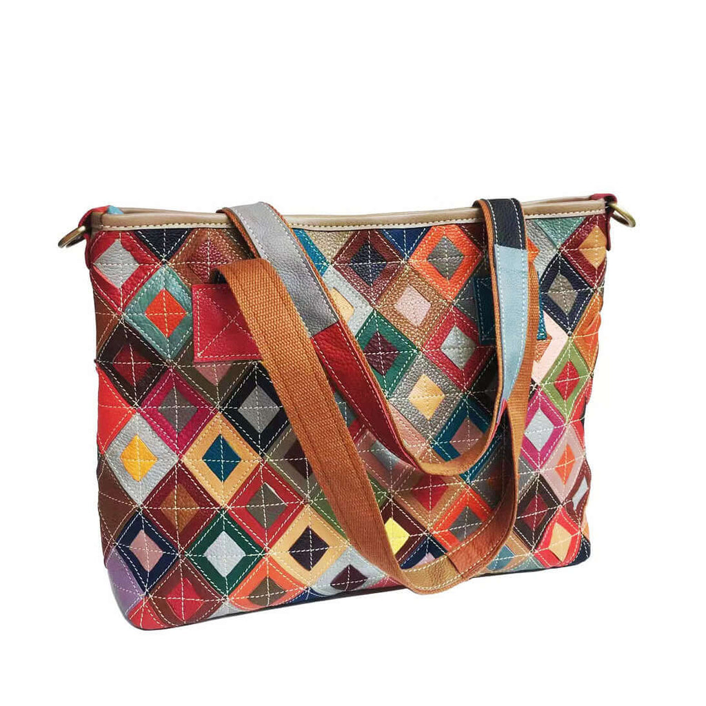 Close-up of the vibrant leather patchwork on the tote bag