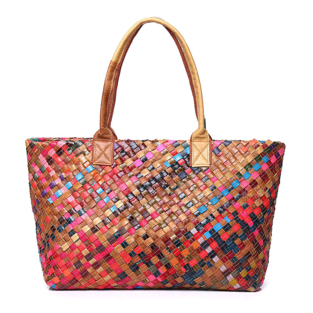 Front view of Women's Genuine Leather Colorful Woven Tote Bag with vibrant design.