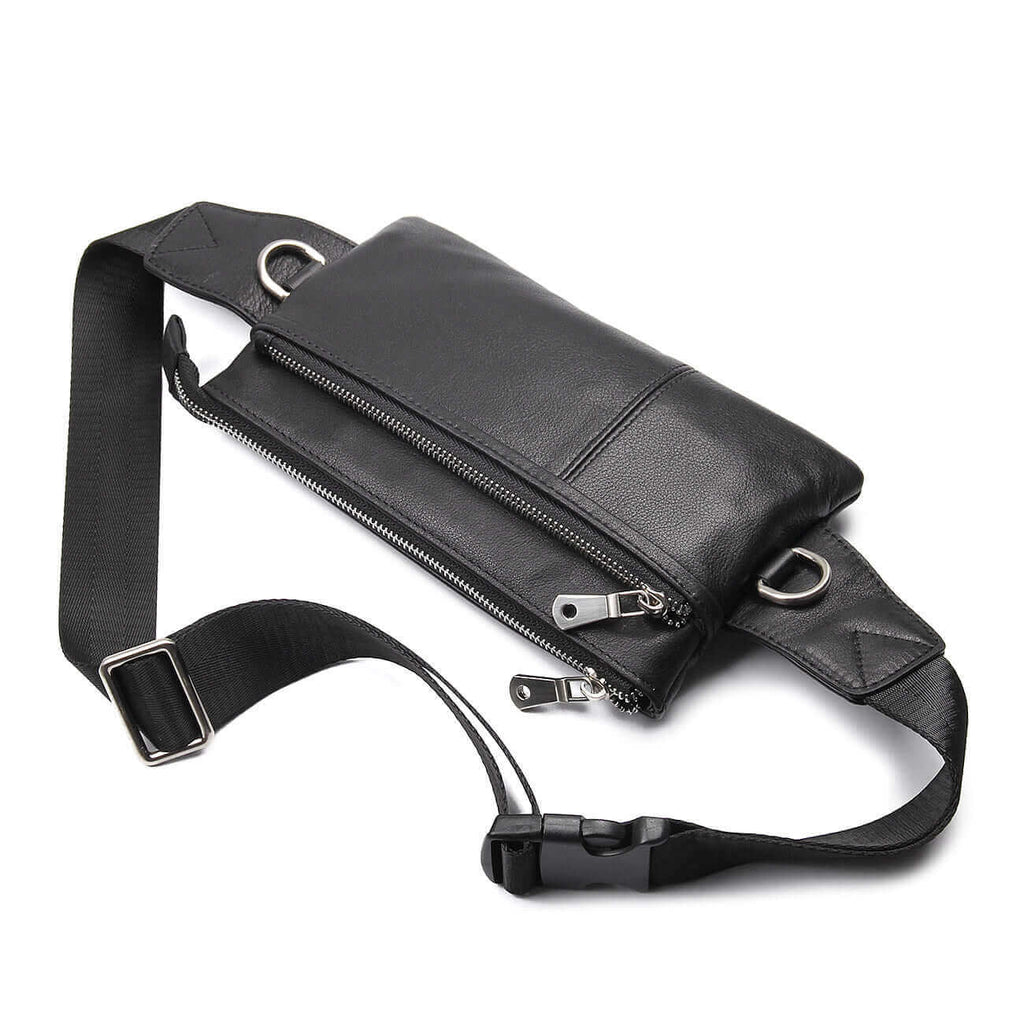 Compact black leather bum bag for easy everyday use.