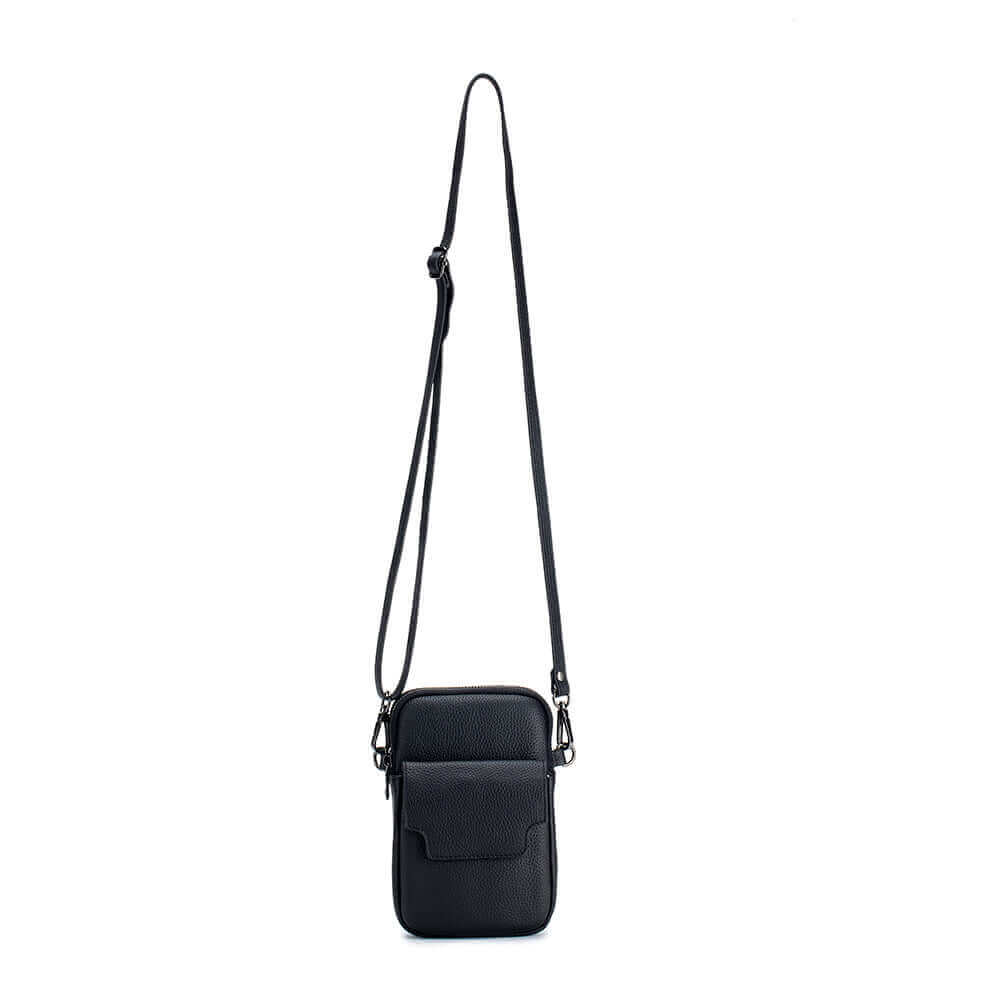 Compact black leather crossbody bag, perfect for carrying essentials in style.