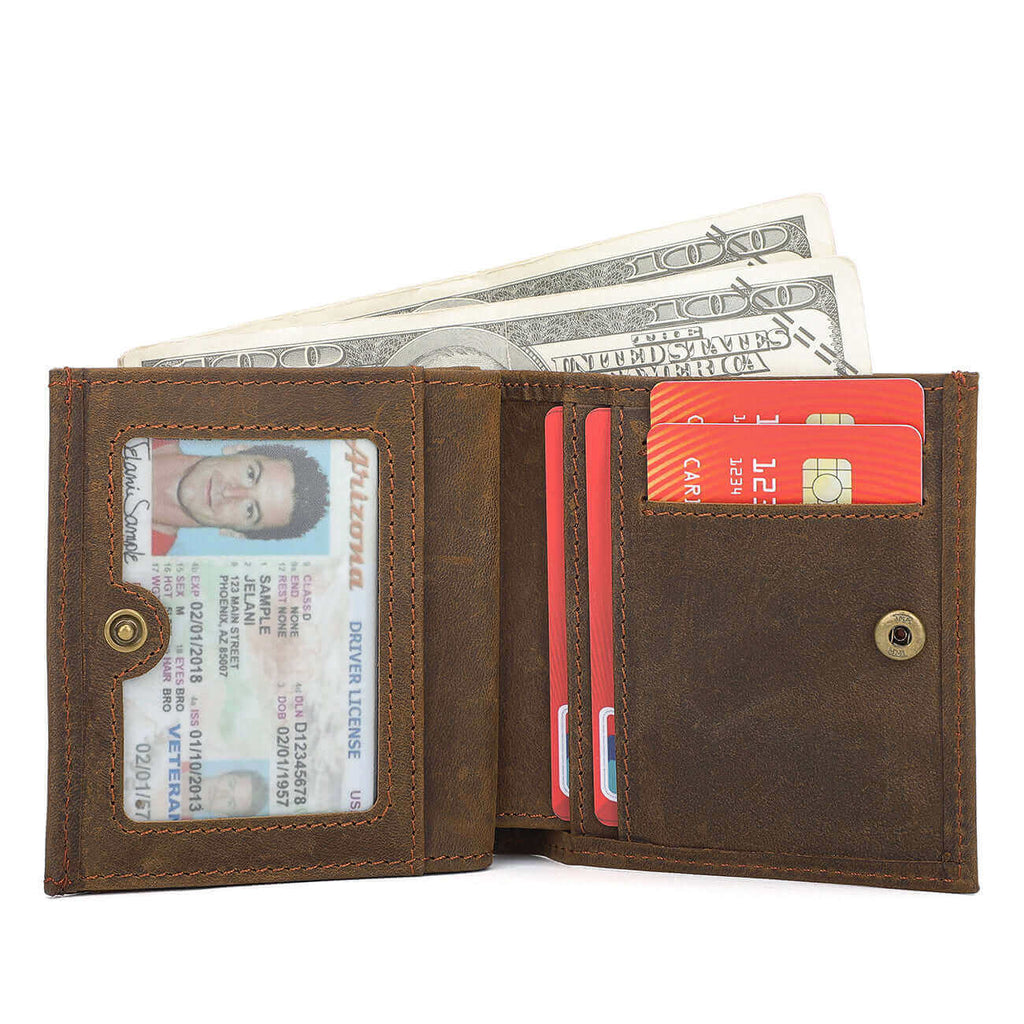 Open view of the compact genuine leather wallet with RFID protection in NZ.