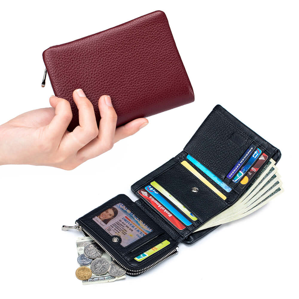 Compact genuine leather wallet with trifold design