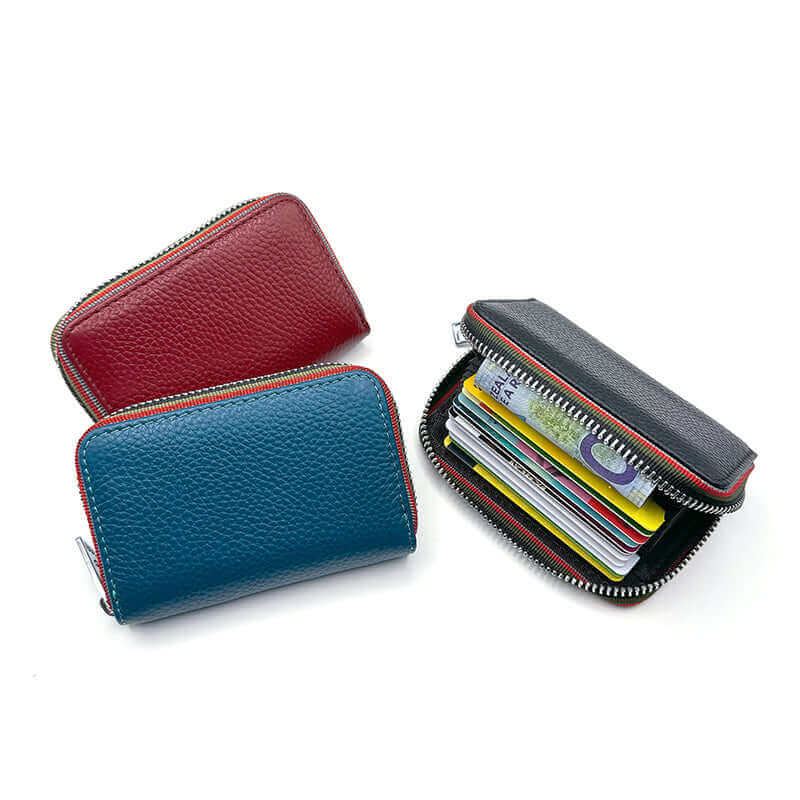 Compact RFID leather card holder with a multicolor woven edge design, perfect for daily use.