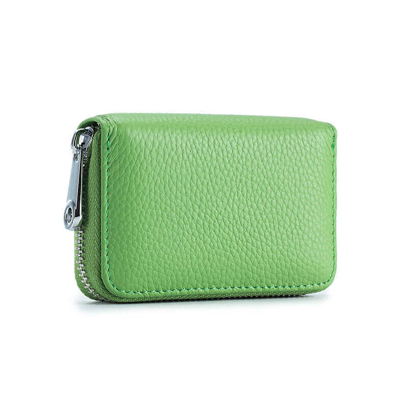 Compact RFID leather card holder for women, with a zipper closure and space for 12 cards.