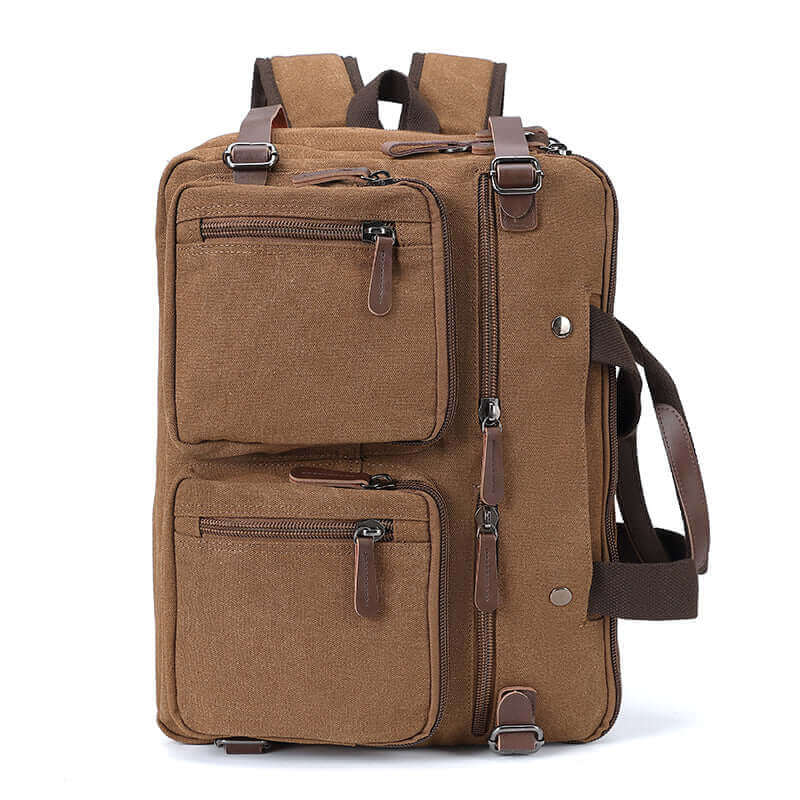 Convertible canvas backpack and briefcase in coffee.