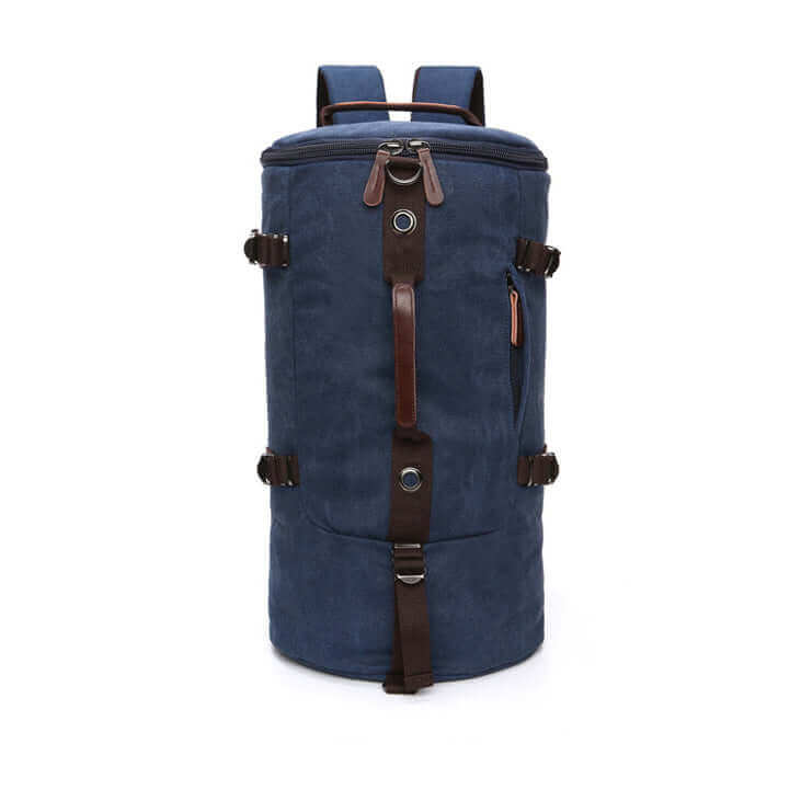 Convertible duffle backpack with top zipper and leather accents, perfect for getaways.