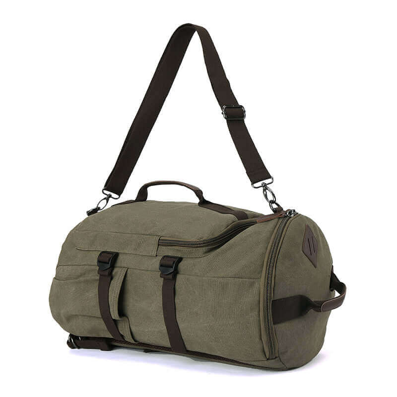 Convertible bag that switches between shoulder bag and duffle bag styles.