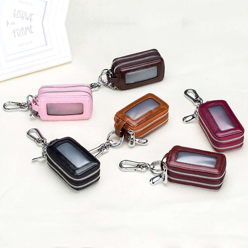 Close-up of double zipper design on leather car key case.