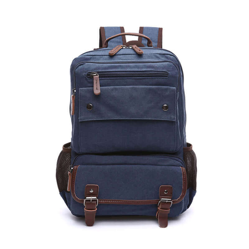 Durable canvas backpack for school, fits books and a 14-inch laptop.