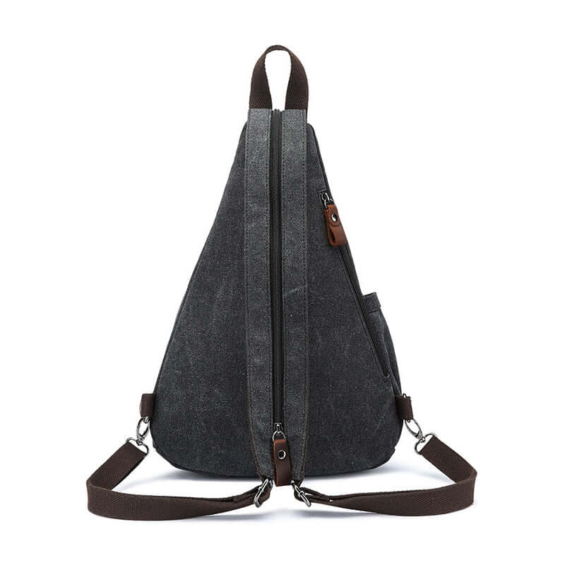 Close-up texture of canvas and leather trim on sling bag