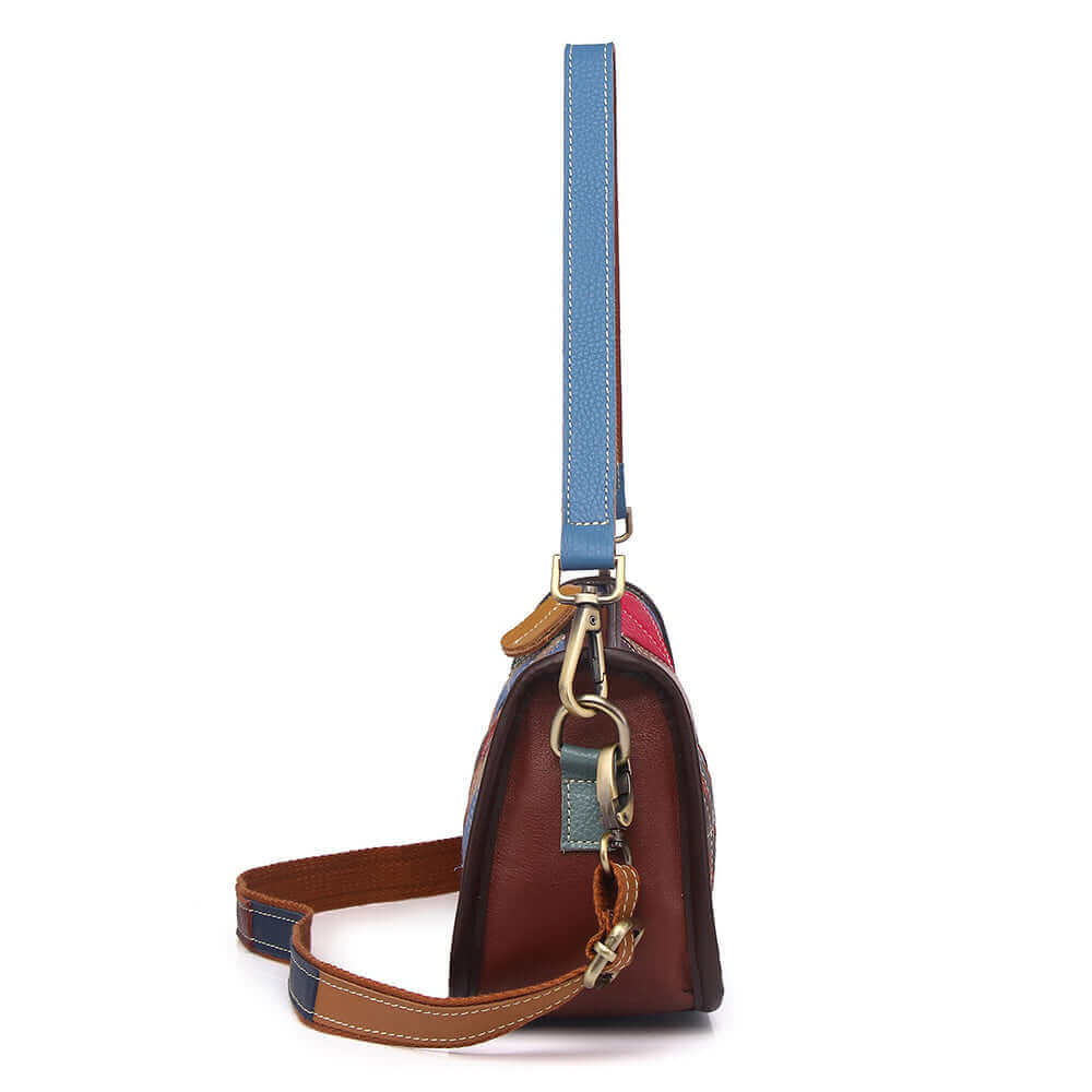 Side view of a vibrant leather patchwork shoulder bag for women