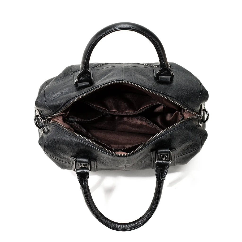 Black leather duffel bag with open top